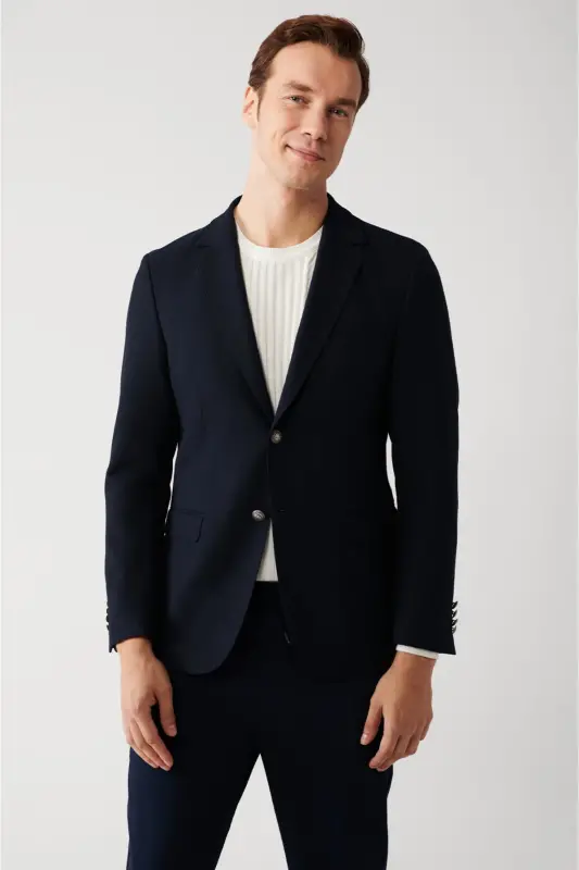 Erkek Lacivert Kapaklı Cepli Astarlı Çift Yırtmaçlı Yünlü Slim Fit Ceket A32Y4029 - Lacivert - 3