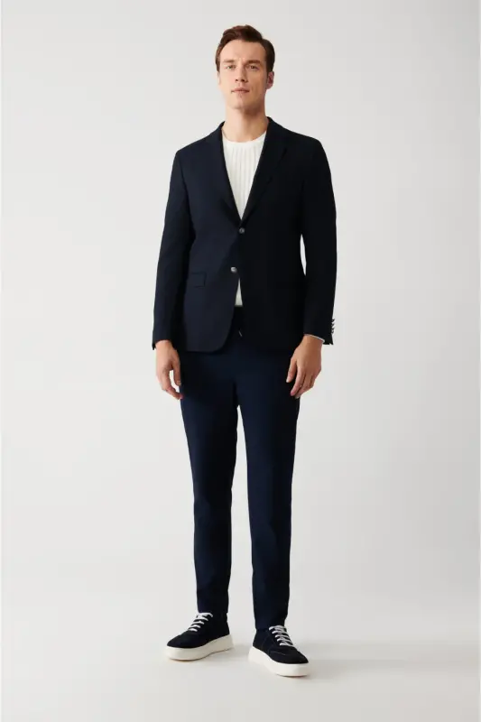 Erkek Lacivert Kapaklı Cepli Astarlı Çift Yırtmaçlı Yünlü Slim Fit Ceket A32Y4029 - Lacivert - 5