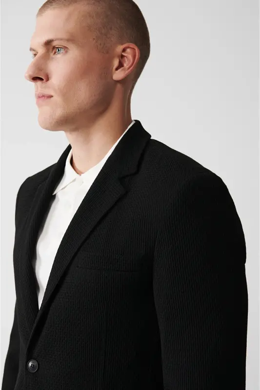 Erkek Siyah Mono Yaka Esnek Çift Yırtmaçlı Astarsız Comfort Slim Fit Ceket A32Y4001 - Siyah - 3