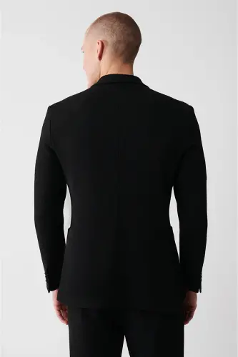 Erkek Siyah Mono Yaka Esnek Çift Yırtmaçlı Astarsız Comfort Slim Fit Ceket A32Y4001 - Siyah - 5