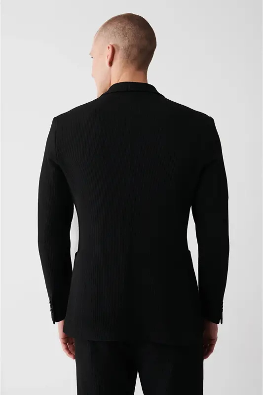 Erkek Siyah Mono Yaka Esnek Çift Yırtmaçlı Astarsız Comfort Slim Fit Ceket A32Y4001 - Siyah - 5