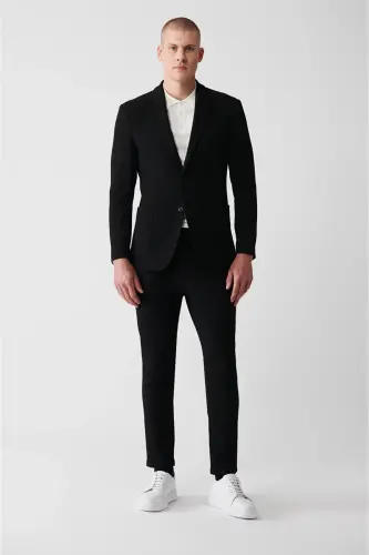 Erkek Siyah Mono Yaka Esnek Çift Yırtmaçlı Astarsız Comfort Slim Fit Ceket A32Y4001 - Siyah - 6