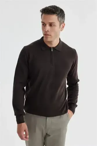 Slim Fit Coffee Cotton Patterned Zipper Polo Sweater - JAKAMEN (1)