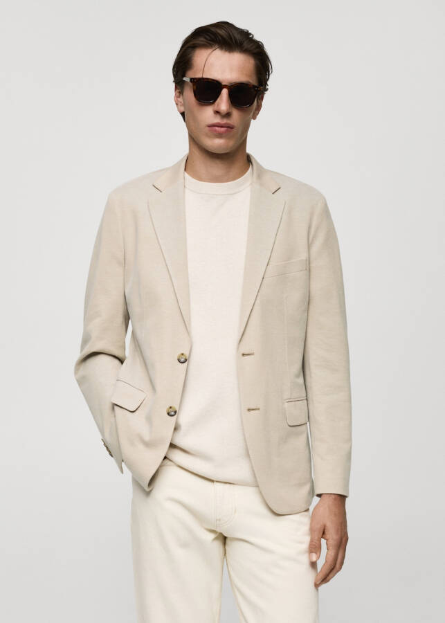 Slim fit, cotton, beige blazer jacket. - 5