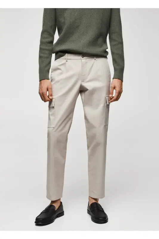Slim Fit Cotton Cargo Pants-Beige - 1