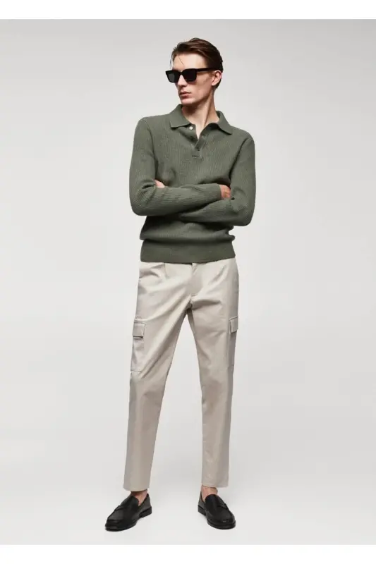 Slim Fit Cotton Cargo Pants-Beige - 2