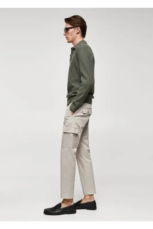 Slim Fit Cotton Cargo Pants-Beige - 6