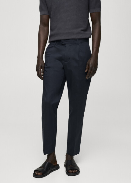 Slim fit cotton pants with pleats - Midnight Blue - 7