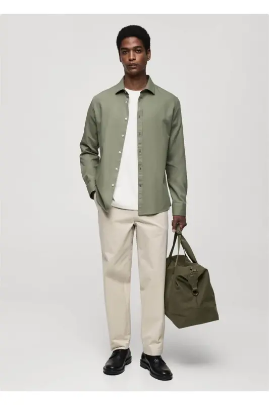 Slim fit cotton shirt-Khaki Color - 5