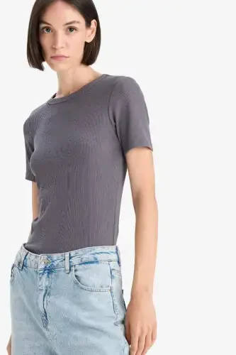 Slim Fit Crew Neck Basic Plain Ribbed Knit Short Sleeve T-Shirt-Gray - 4