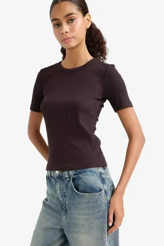 Slim Fit Crew Neck Basic Plain Ribbed Rib Knit Short Sleeve T-Shirt-Coffee - 5