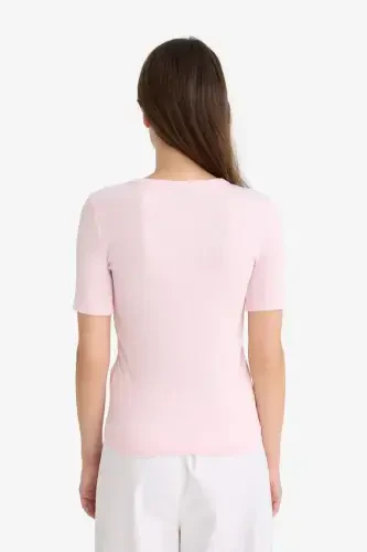 Slim Fit Crew Neck Basic Ribbed Knit Short Sleeve T-Shirt-Light Pink - 5