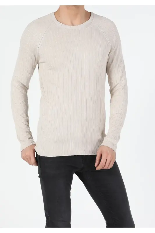 Slim Fit Crew Neck Men's Beige Sweater - 3