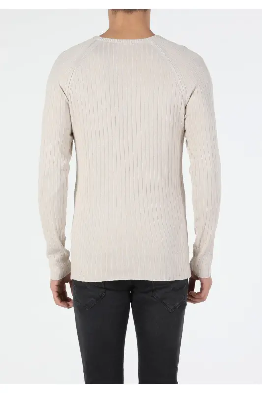 Slim Fit Crew Neck Men's Beige Sweater - 2