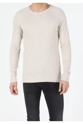 Slim Fit Crew Neck Men's Beige Sweater - 4