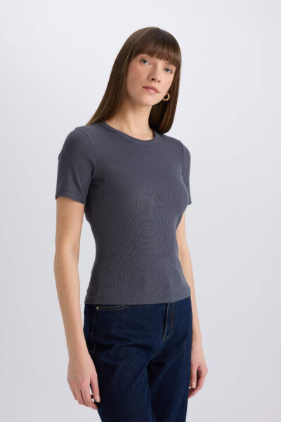 Slim Fit Crew Neck Ribbed Short Sleeve T-Shirt Anthracite - 4