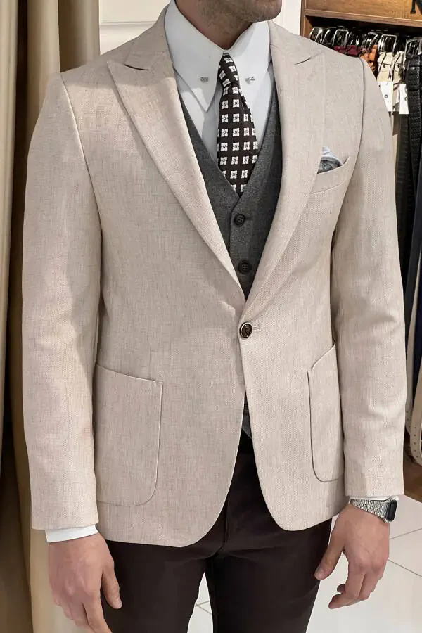 Slim Fit Custom Design Pointed Collar Patch Pocket Linen Jacket - 1