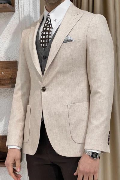 Slim Fit Custom Design Pointed Collar Patch Pocket Linen Jacket - NAZEF (1)