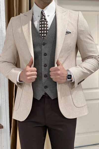 Slim Fit Custom Design Pointed Collar Patch Pocket Linen Jacket - 3