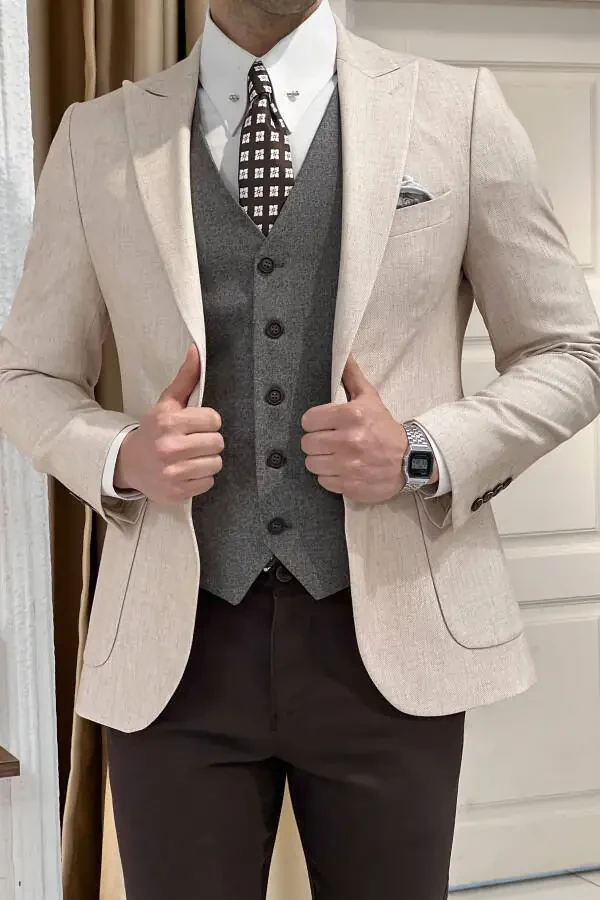 Slim Fit Custom Design Pointed Collar Patch Pocket Linen Jacket - 3