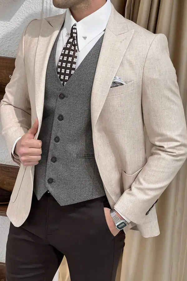 Slim Fit Custom Design Pointed Collar Patch Pocket Linen Jacket - 4