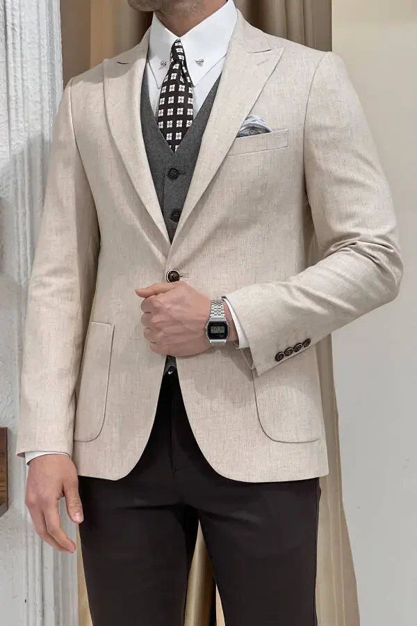 Slim Fit Custom Design Pointed Collar Patch Pocket Linen Jacket - 5