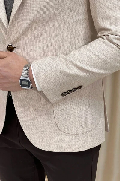 Slim Fit Custom Design Pointed Collar Patch Pocket Linen Jacket - 6