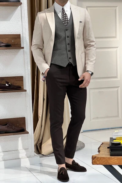 Slim Fit Custom Design Pointed Collar Patch Pocket Linen Jacket - 8