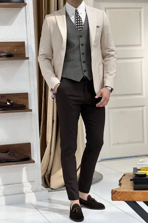 Slim Fit Custom Design Pointed Collar Patch Pocket Linen Jacket - 8