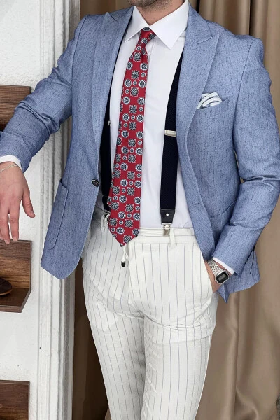 Slim Fit Custom Design Pointed Collar Pocket Flap Linen Jacket - NAZEF