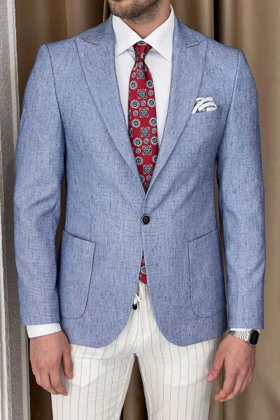 Slim Fit Custom Design Pointed Collar Pocket Flap Linen Jacket - NAZEF (1)