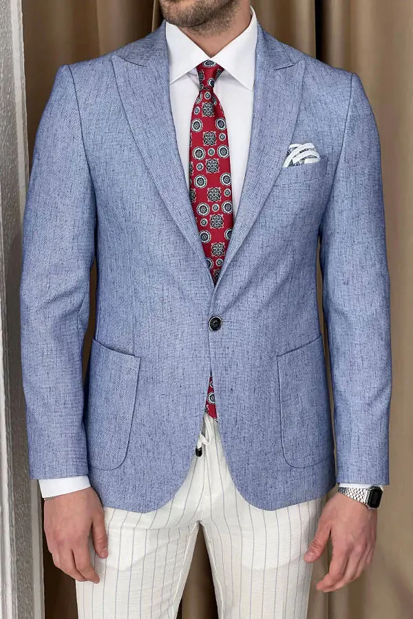 Slim Fit Custom Design Pointed Collar Pocket Flap Linen Jacket - 2