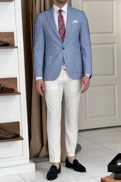 Slim Fit Custom Design Pointed Collar Pocket Flap Linen Jacket - 3