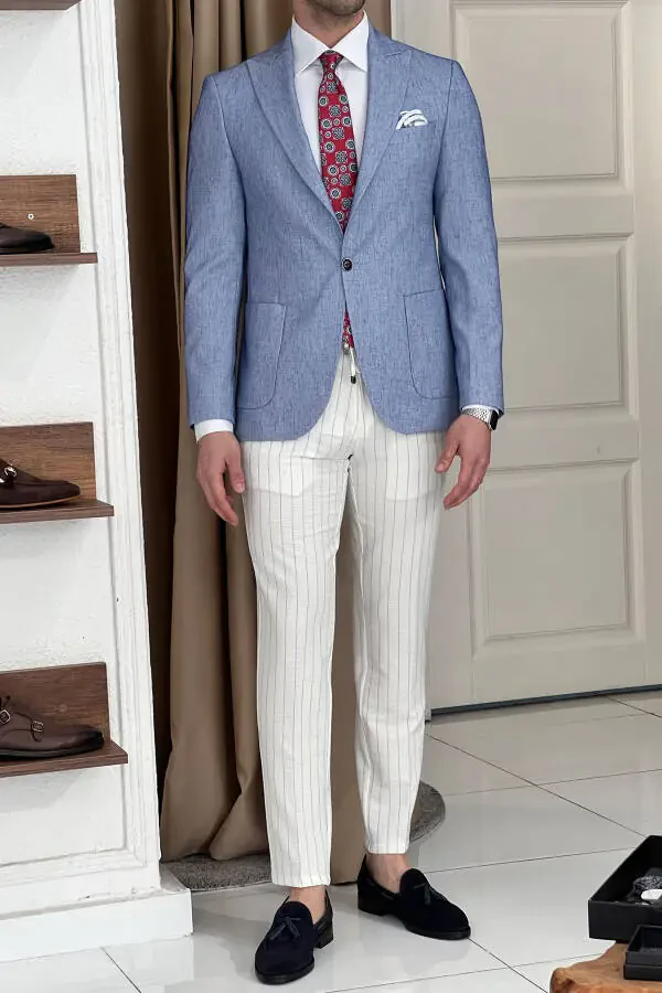 Slim Fit Custom Design Pointed Collar Pocket Flap Linen Jacket - 3