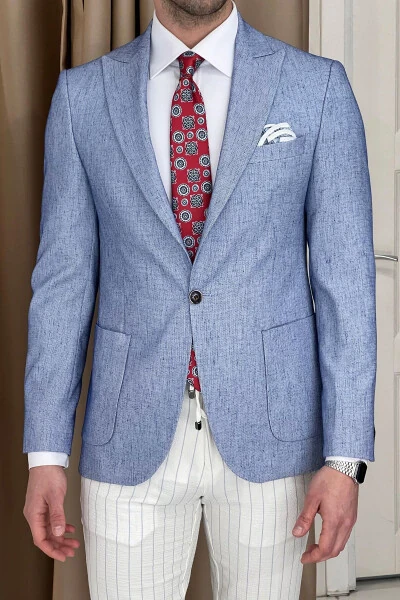 Slim Fit Custom Design Pointed Collar Pocket Flap Linen Jacket - 4