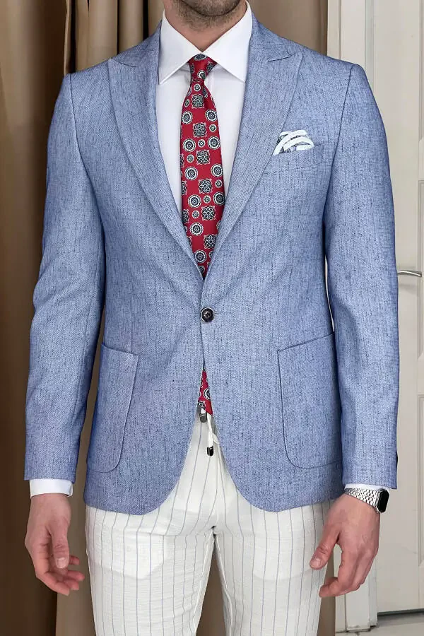 Slim Fit Custom Design Pointed Collar Pocket Flap Linen Jacket - 4