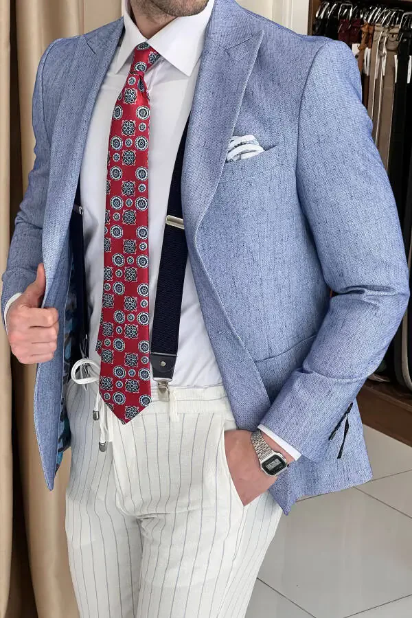 Slim Fit Custom Design Pointed Collar Pocket Flap Linen Jacket - 6