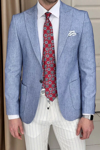 Slim Fit Custom Design Pointed Collar Pocket Flap Linen Jacket - 8