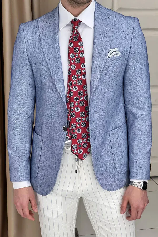 Slim Fit Custom Design Pointed Collar Pocket Flap Linen Jacket - 8