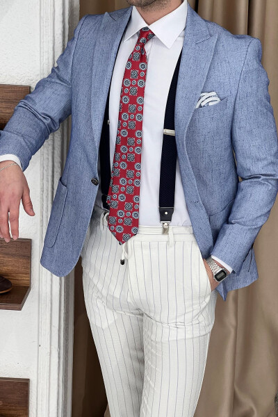 Slim Fit Custom Design Pointed Collar Pocket Flap Linen Jacket 