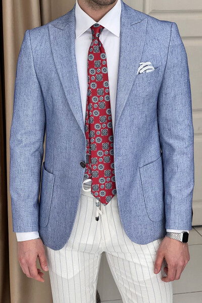 Slim Fit Custom Design Pointed Collar Pocket Flap Linen Jacket - 8