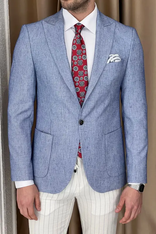 Slim Fit Custom Design Pointed Collar Pocket Flap Linen Jacket - 2