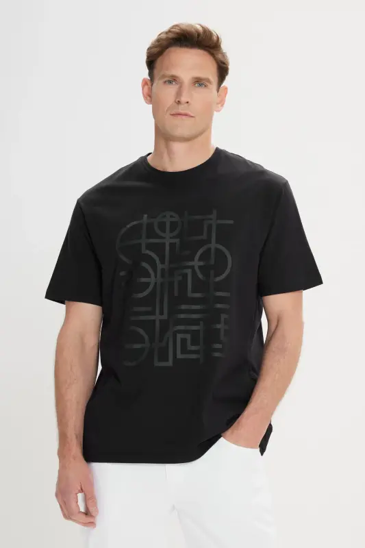 Slim Fit Dar Kesim %100 Pamuk Baskılı Bisiklet Yaka Siyah Tişört-SİYAH - ALTINYILDIZ CLASSICS