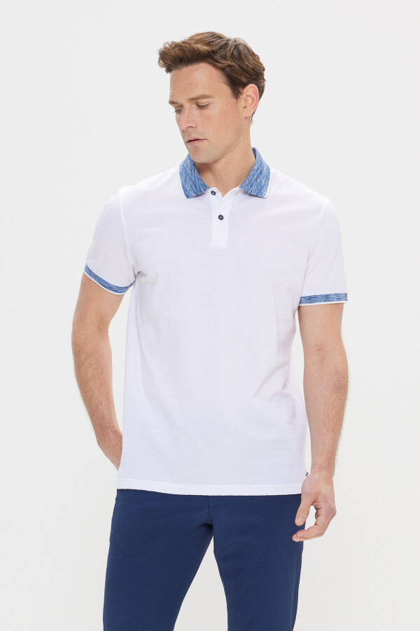 Slim Fit Dar Kesim %100 Pamuk Jakarlı Polo Yaka Beyaz-Lacivert Tişört - BEYAZ-LACİVERT - 1