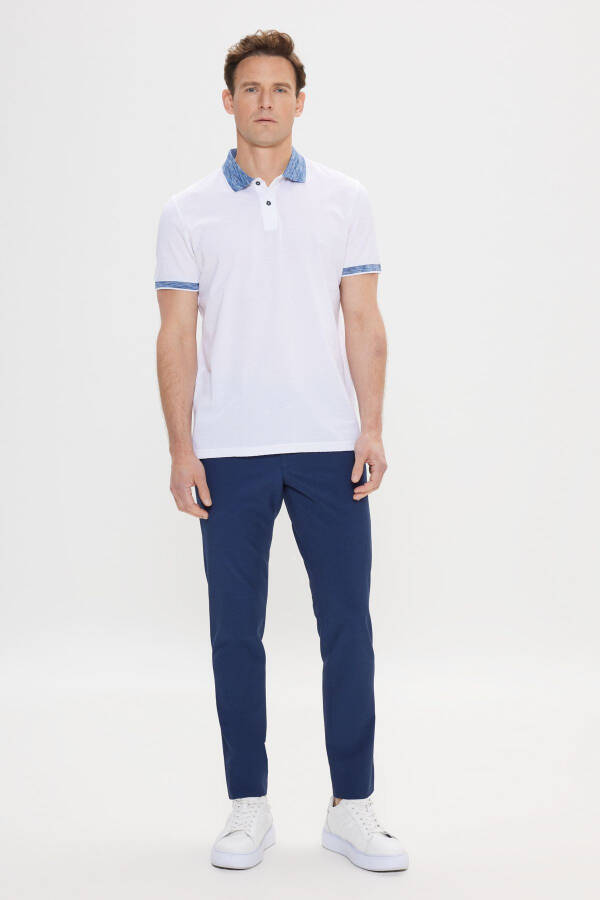 Slim Fit Dar Kesim %100 Pamuk Jakarlı Polo Yaka Beyaz-Lacivert Tişört - BEYAZ-LACİVERT - 2
