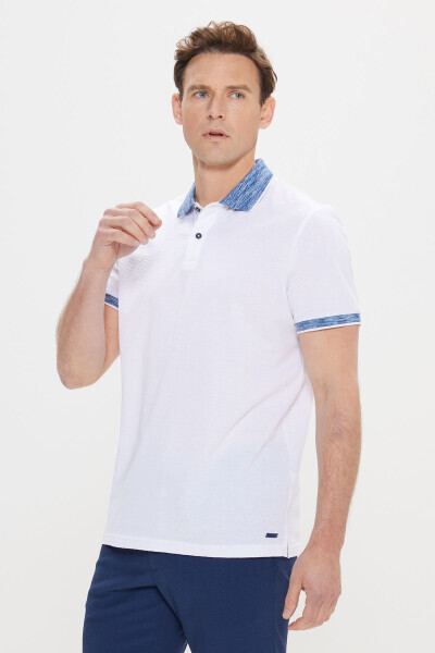 Slim Fit Dar Kesim %100 Pamuk Jakarlı Polo Yaka Beyaz-Lacivert Tişört - BEYAZ-LACİVERT - 3