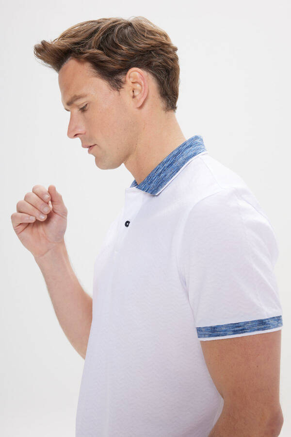 Slim Fit Dar Kesim %100 Pamuk Jakarlı Polo Yaka Beyaz-Lacivert Tişört - BEYAZ-LACİVERT - 4