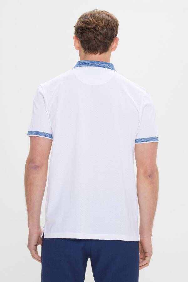 Slim Fit Dar Kesim %100 Pamuk Jakarlı Polo Yaka Beyaz-Lacivert Tişört - BEYAZ-LACİVERT - 5