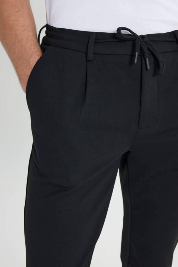 Slim Fit Dar Kesim Beli Bağlamalı Yan Cep Esnek Casual Siyah Pantolon - Siyah - 4