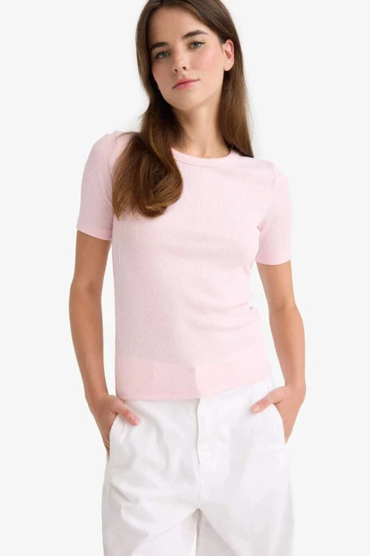 Slim Fit Dar Kesim Bisiklet Yaka Basic Düz Fitilli Kaşkorse Kısa Kollu Tişört-Açık Pembe - 1